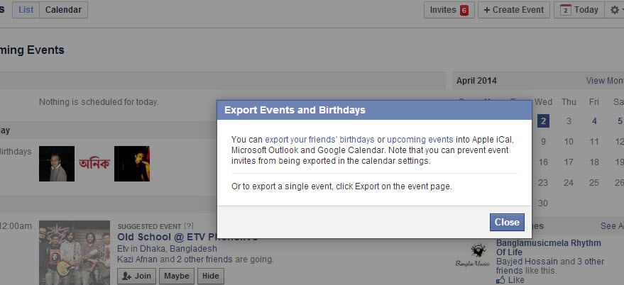 Export events popup