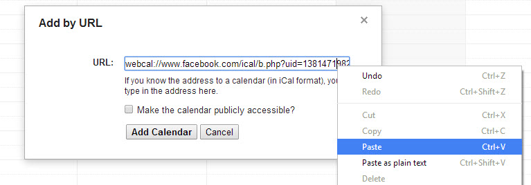 Paste Facebook calendar URL