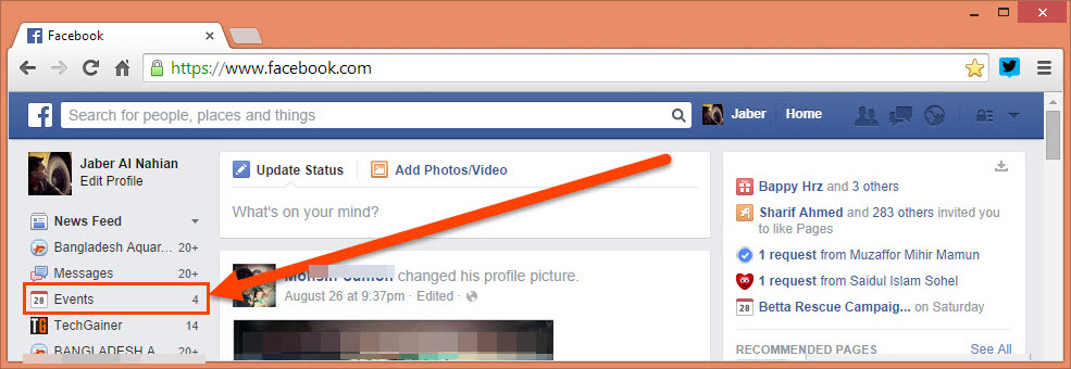 Click on Events on Facebook home