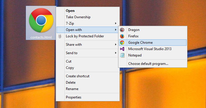 Open contacts.html using Chrome