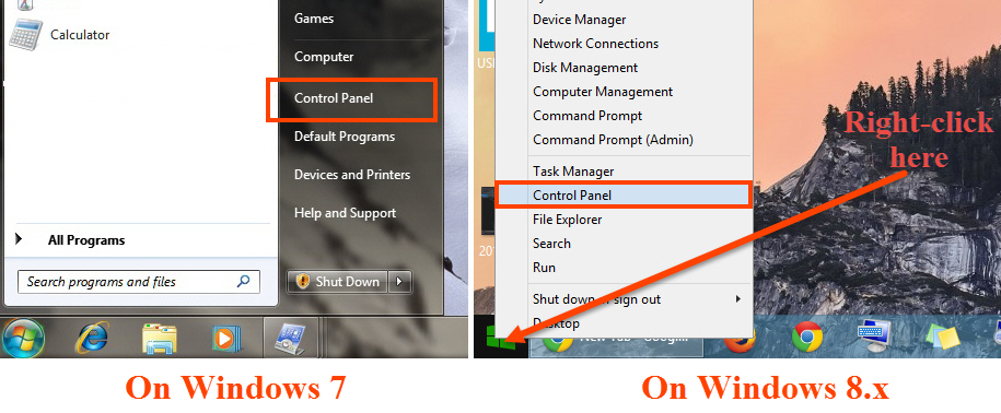 Access control panel in Windows 7 and 8