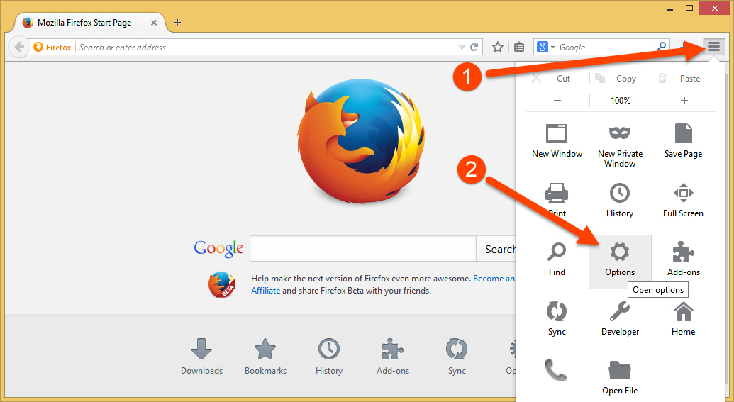 Go to Firefox Options from Toolbar Access Firefox Options