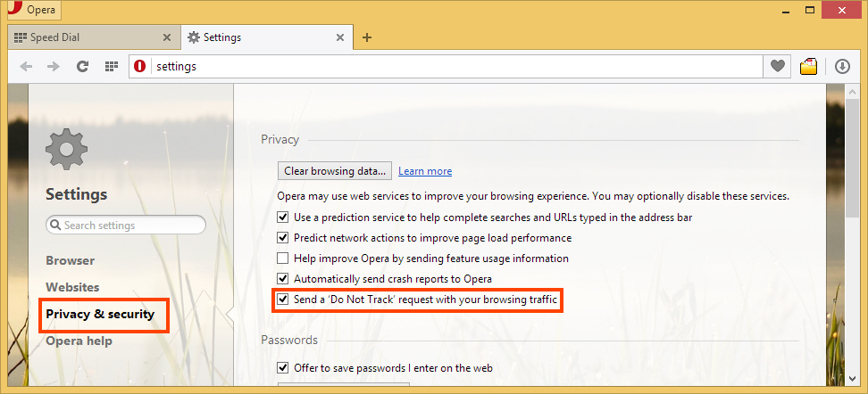 Turn on DNT on Opera browser Enable DNT on Opera