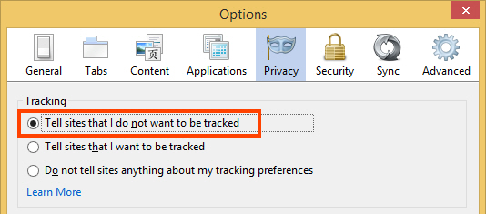 Enable "Tell sites I do not want to be tracked" Enable DNT on Firefox