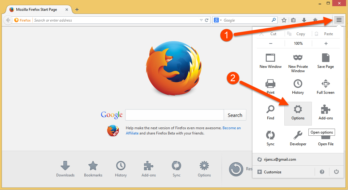 Access Firefox options from menu
