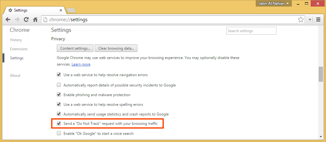 Enable "Send a Do Not Track request" Send a Do Not Track request with Chrome