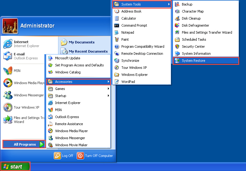 Access system restore in Windows XP