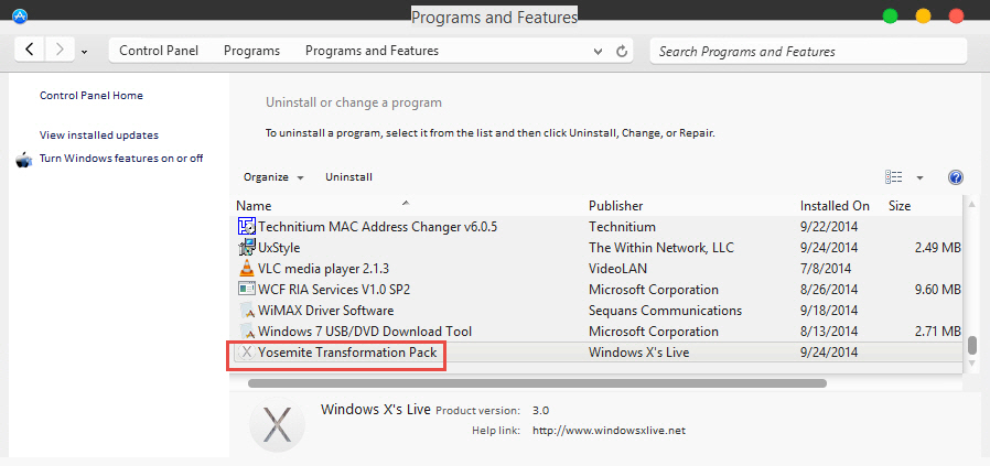 Use Programs and Features to Uninstall the theme Uninstall Yosemite Transformation pack