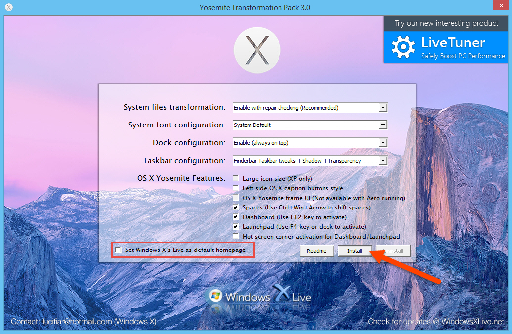 Configure Yosemite transformation for your Windows Yosemite Transformation pack installer window