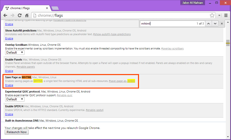 Enable Save Page as HTML in Chrome Flags