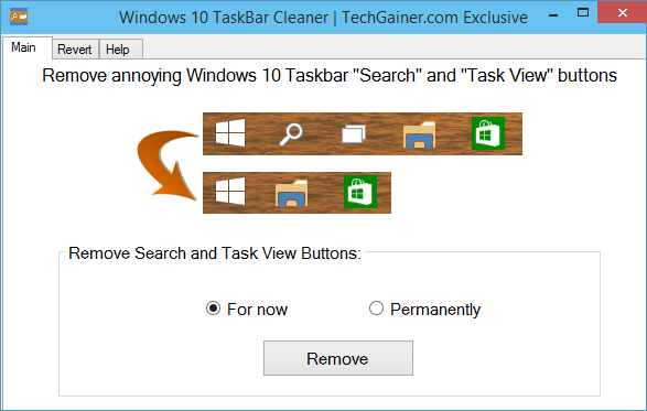 Screenshot of Windows 10 Taskbar Cleaner tool Windows 10 Taskbar Cleaner window