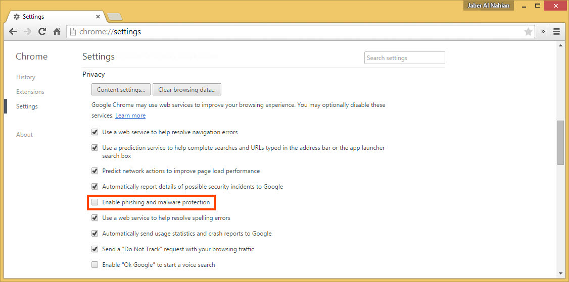 Disable virus and phishing worning