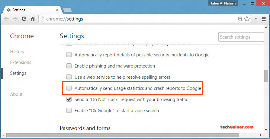 Disable sending usage statistics