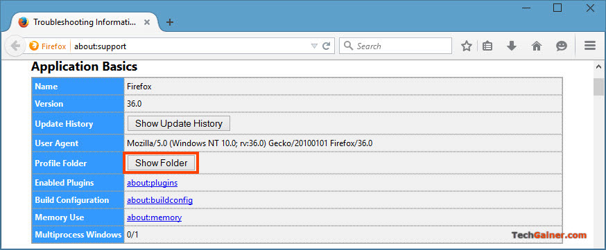 Show Firefox profile folder