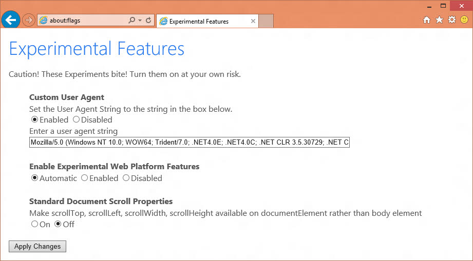 about:flags to bring Internet Explorer experimental settings