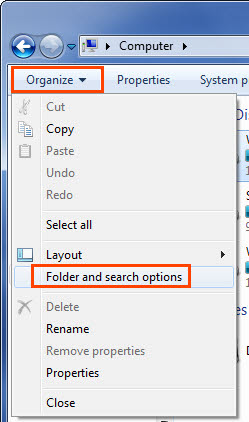 Folder and search options in Windows 7
