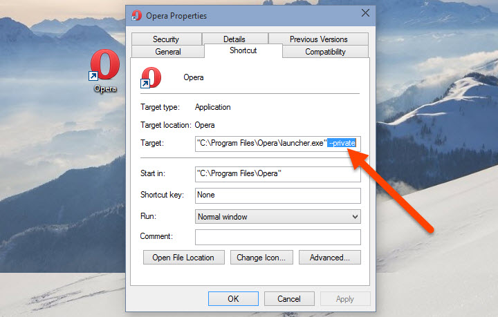 Add --private parameter to Opera shortcut