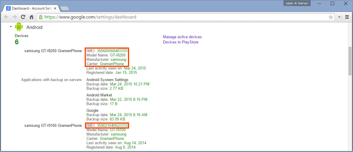 Android device information in Google Dashboard