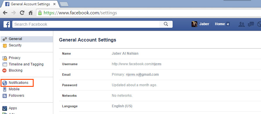Facebook settings page