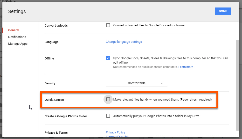 Google drive web settings